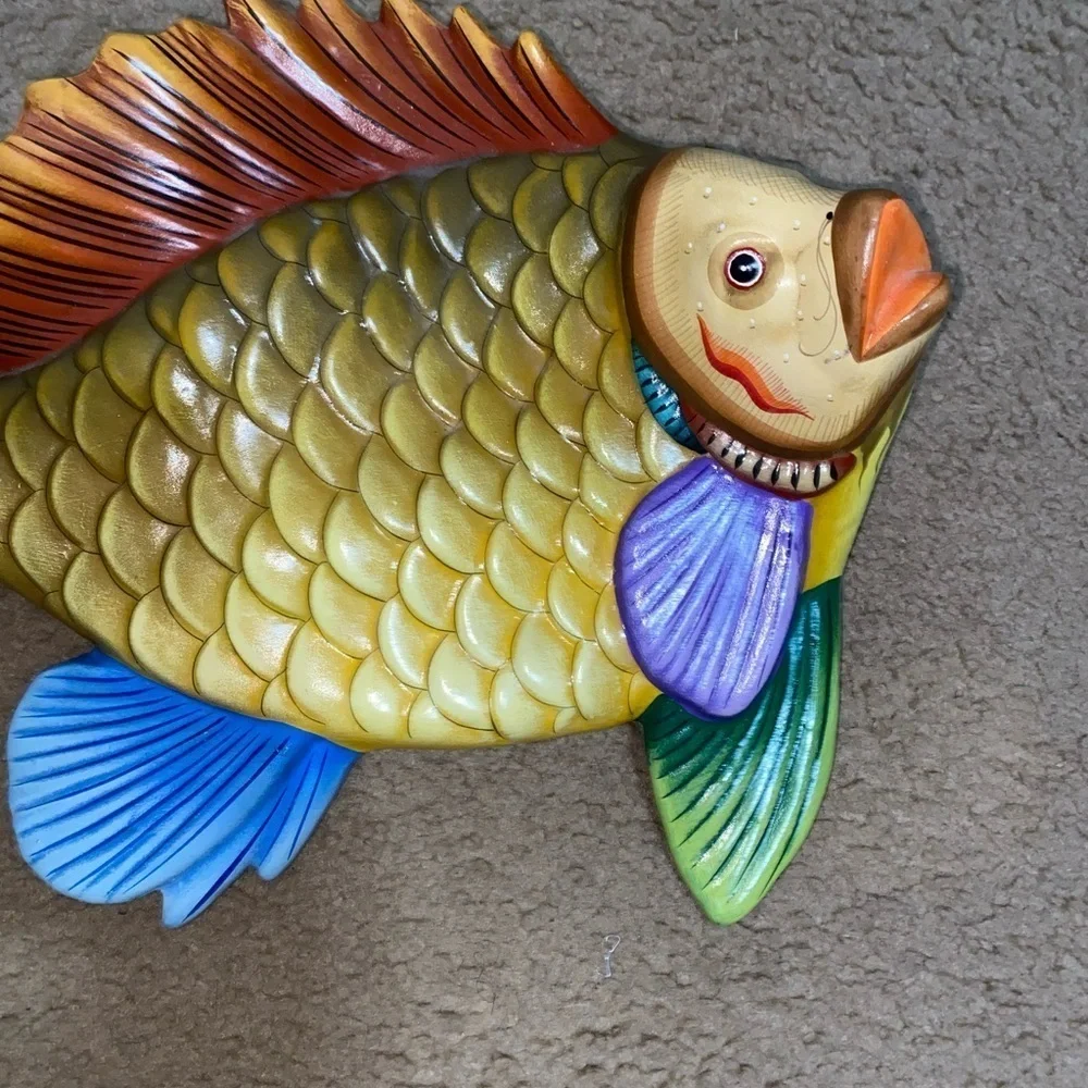 Vtg Tonala Mexico Hand Painted Ceramic Tropical Fish Wall Decor Signed E Alvarez